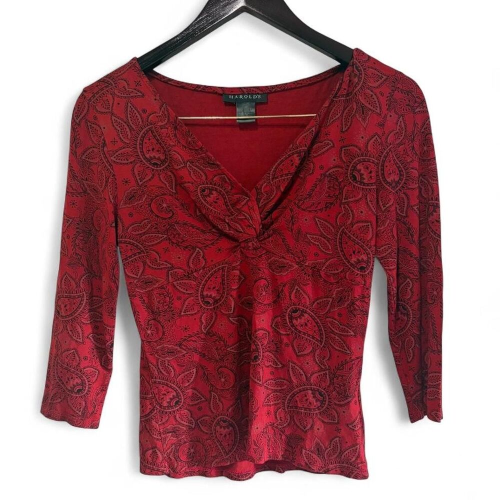 Harold's Vintage 90s Y2K Whimsigoth Indie Sleaze Red & Black Paisley V-Neck